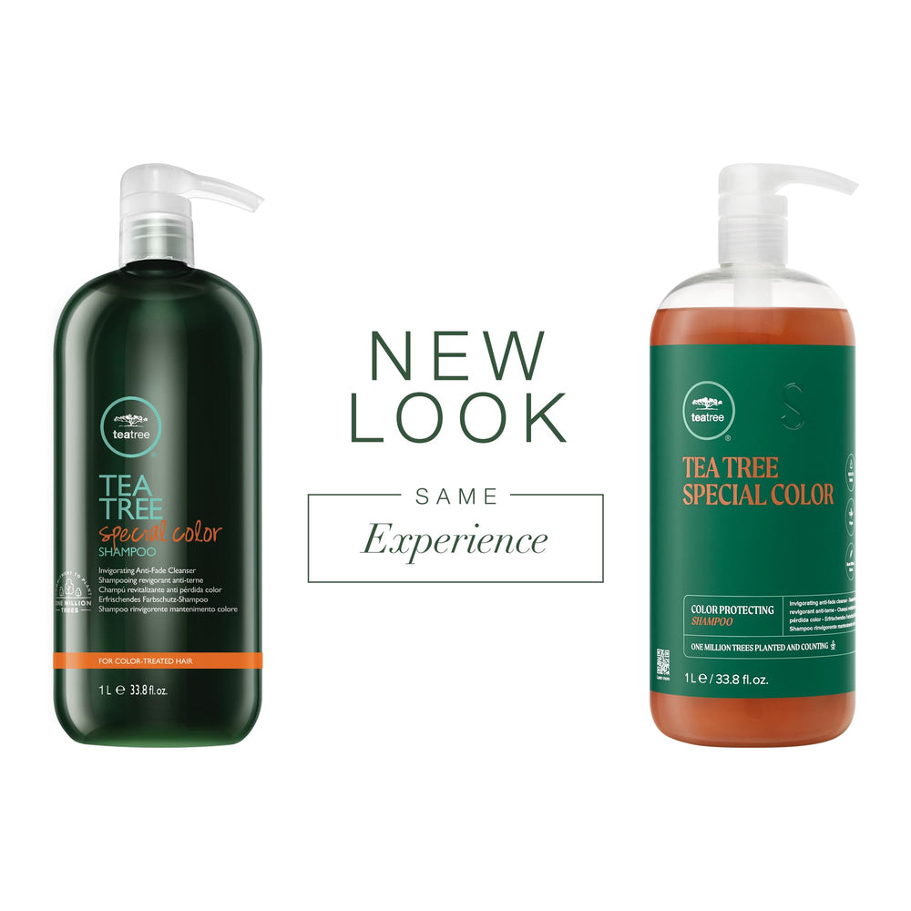 Tea Tree Special Color Shampoo label closeup emphasizes color-retention and ingredients.