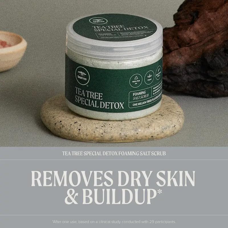 Tea Tree Special Detox Foaming Salt Scrub texture close-up highlights volcanic ash exfoliation