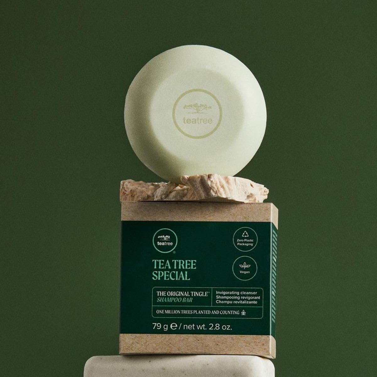 Tea Tree Special Shampoo Bar lavender aroma enhances soothing wash experience.