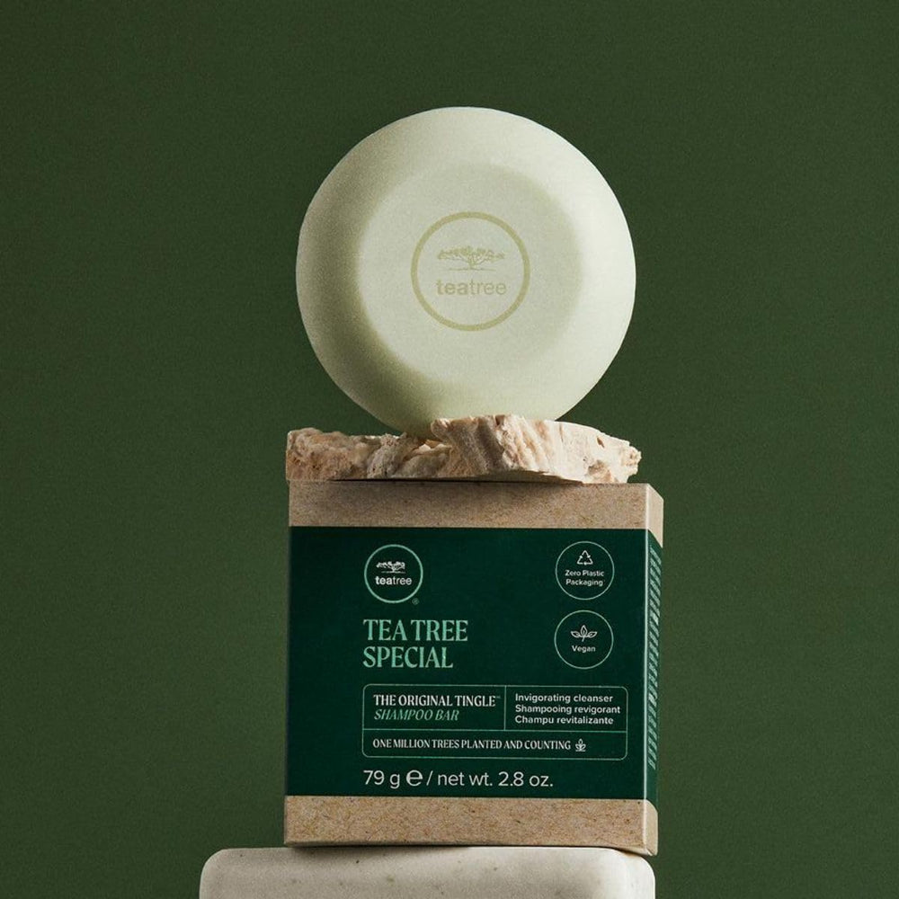 Tea Tree Special Shampoo Bar lavender aroma enhances soothing wash experience.