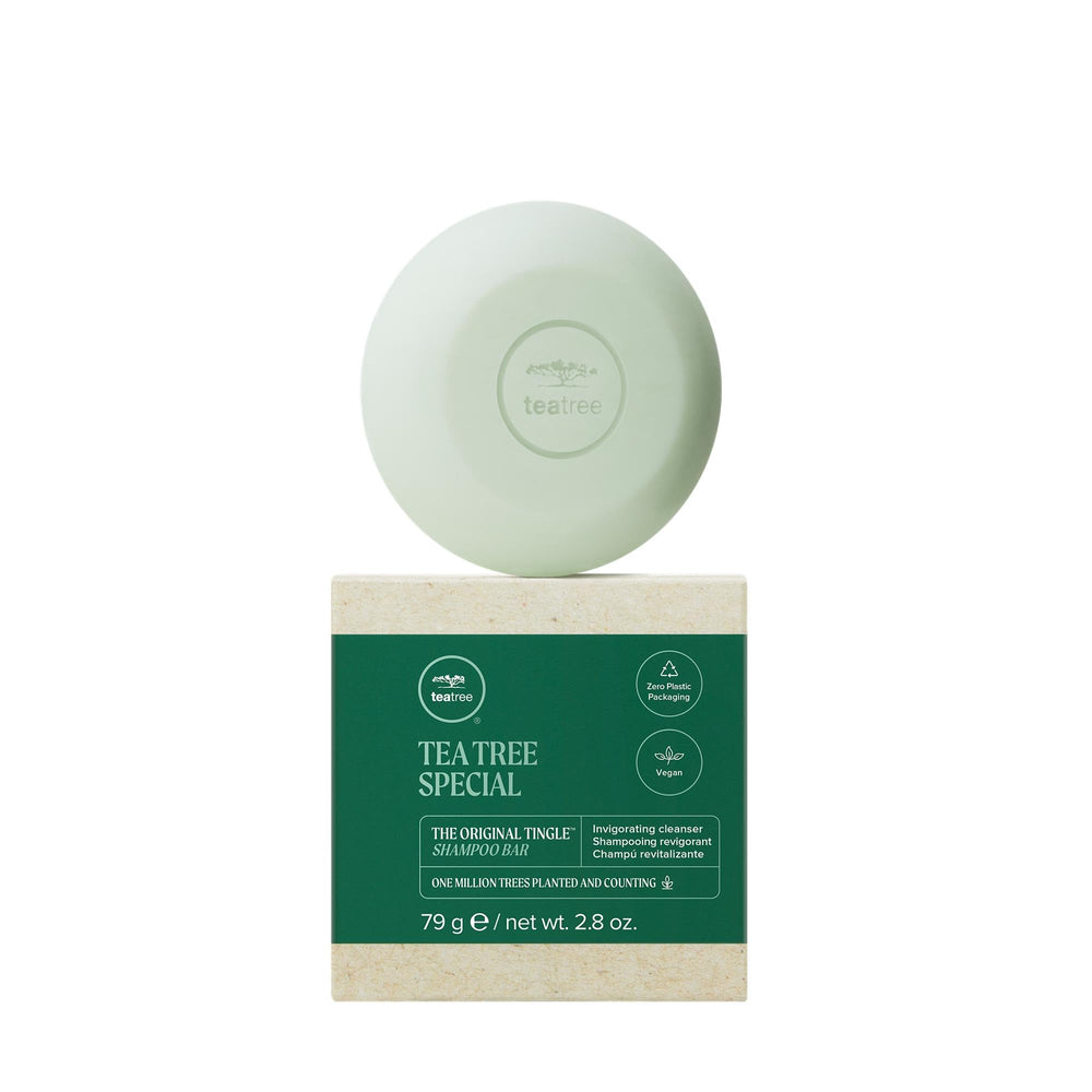 Tea Tree Special Shampoo Bar packaging highlights zero-plastic design for less waste.