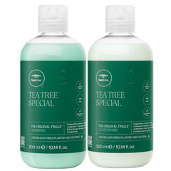 Tea Tree Special Shampoo bottle pour offers invigorating scalp refreshment.