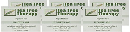 Tea Tree Therapy eucalyptus bar soap closeup highlights moisturizing formula with macadamia oil