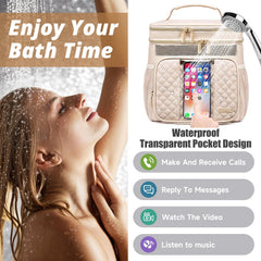 Tealari hanging shower caddy hook demonstrates secure storage for toiletries.