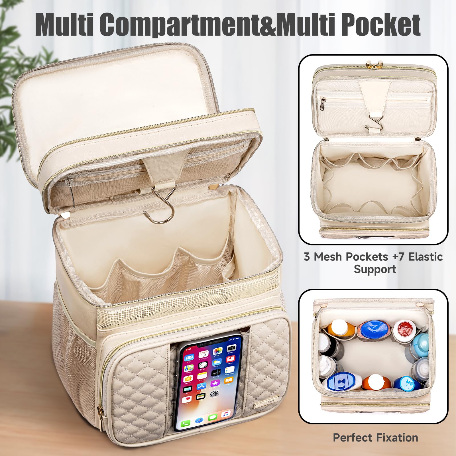 Tealari large capacity toiletry compartments keep cosmetics neatly arranged.