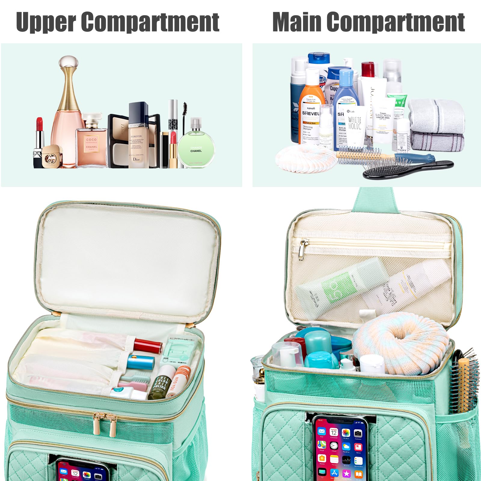 Tealari large toiletry bag fits full-size bottles with clever internal holders.