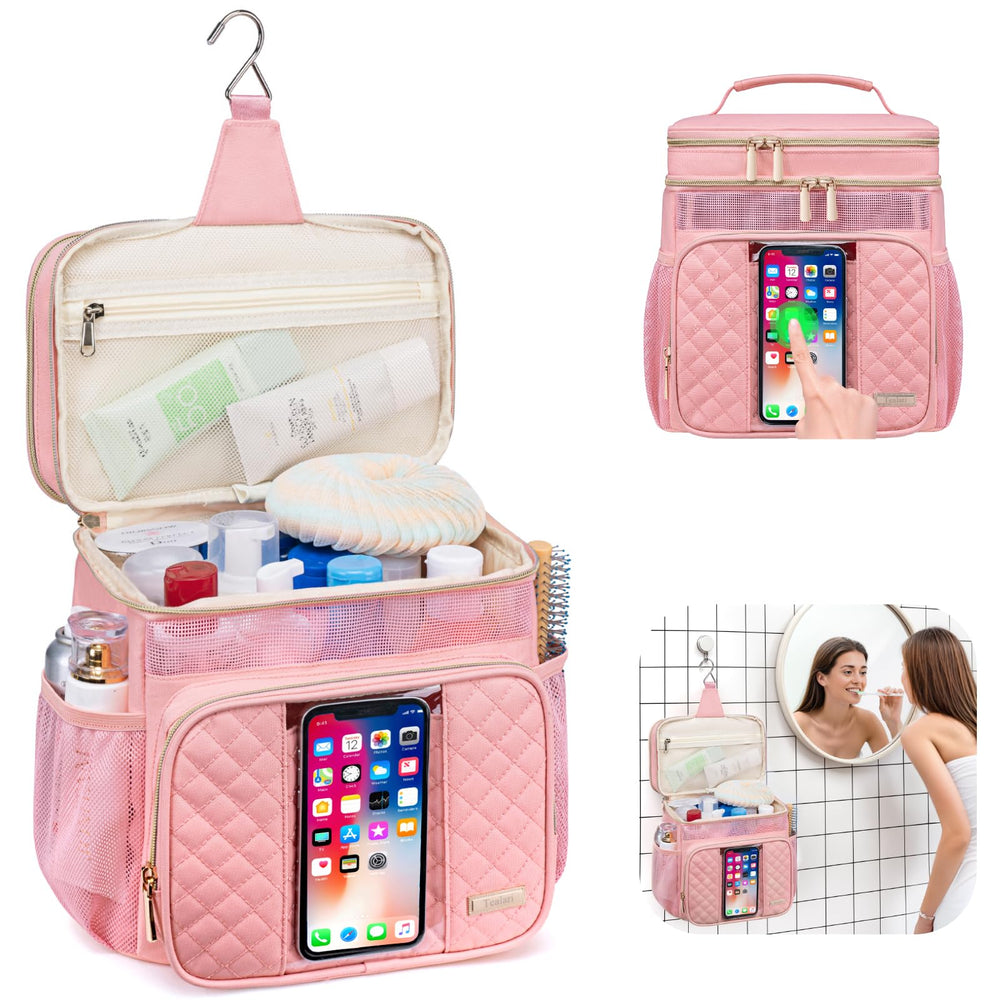 Tealari large toiletry bag hanging hook demonstrates sturdy support for dorm or bathroom use.