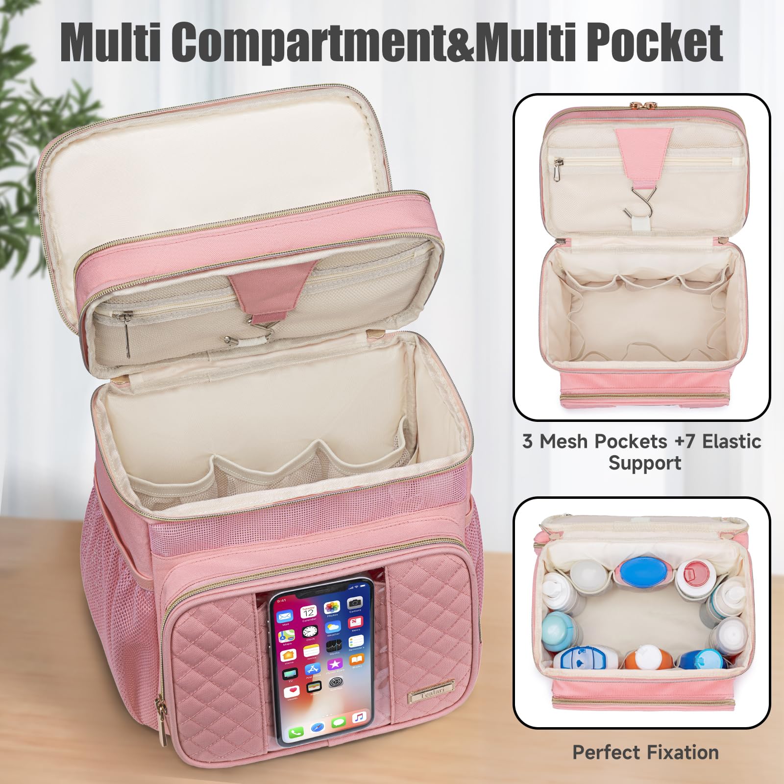Tealari inner pocket organization highlights dedicated space for toiletries and small essentials.