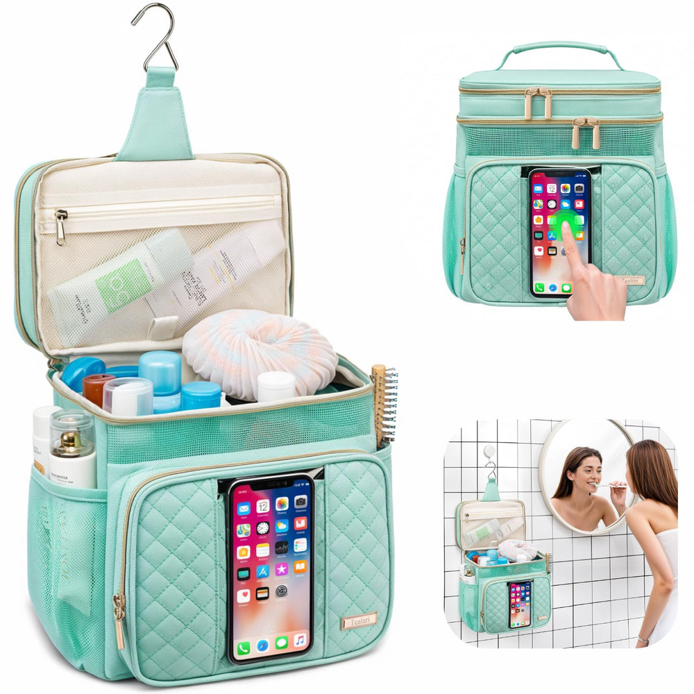 Tealari large toiletry bag shows three compartments for organized cosmetics on the go.