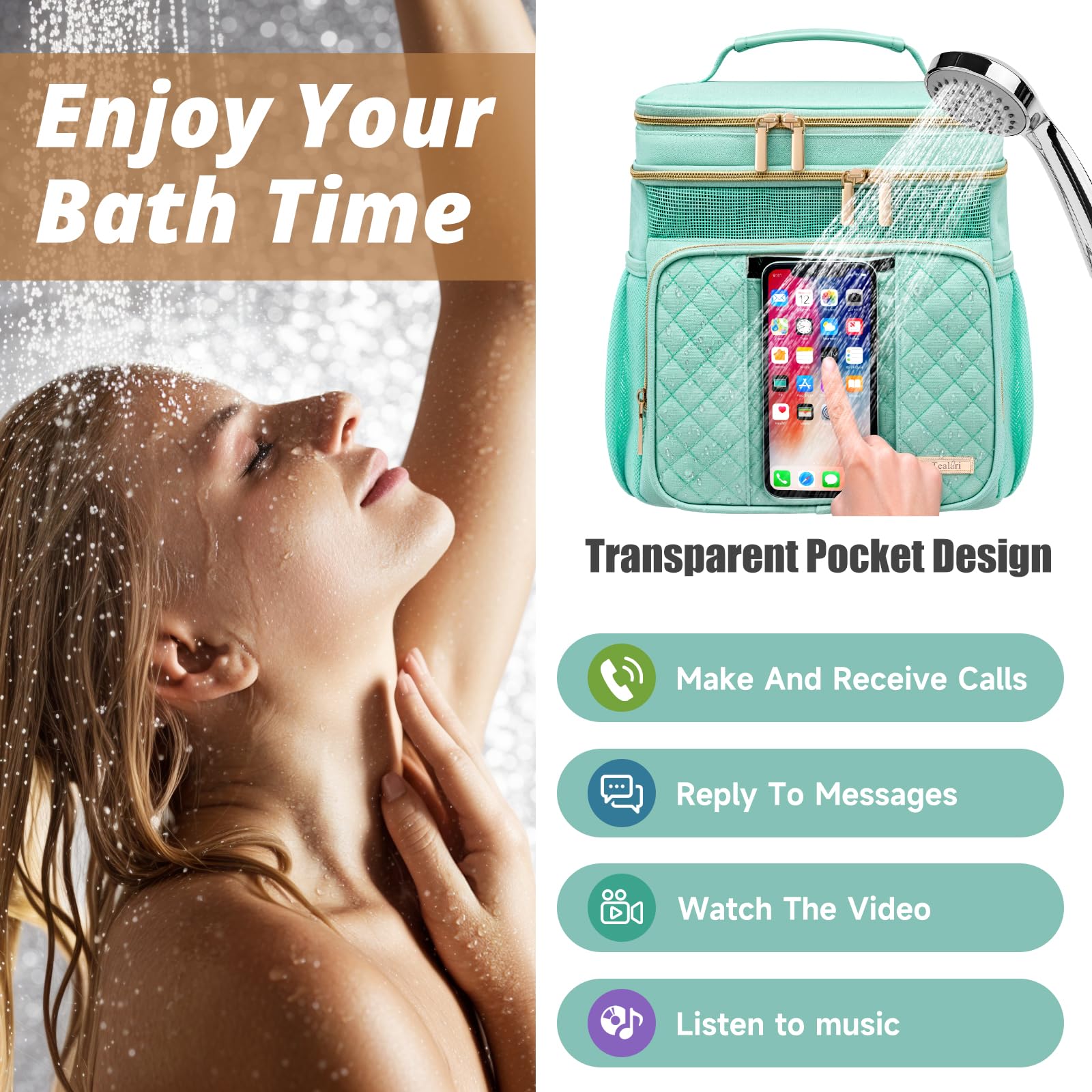 Tealari large toiletry bag features a transparent phone pocket for calls and media.