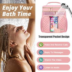 Tealari transparent phone pocket on bag allows waterproof calls and media access.