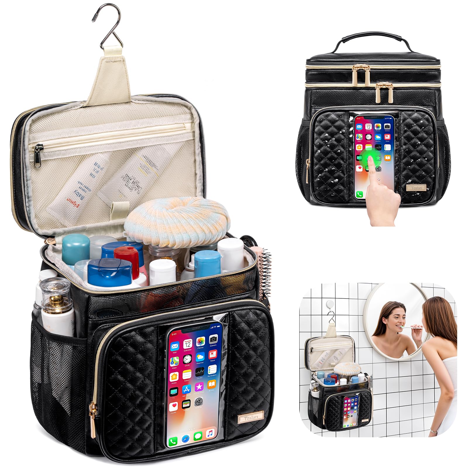 Tealari leather toiletry bag with three compartments for easy travel access