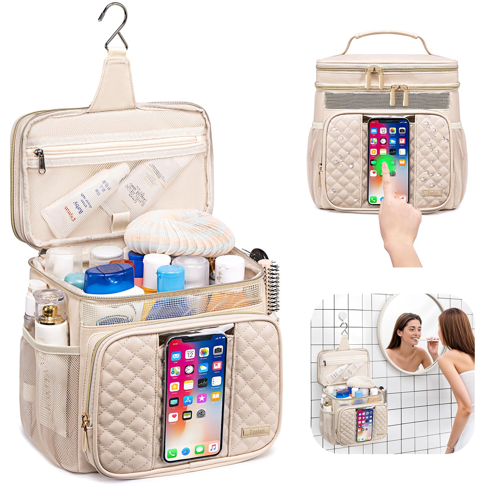 Tealari premium PU leather shower bag interior organization for easy access.