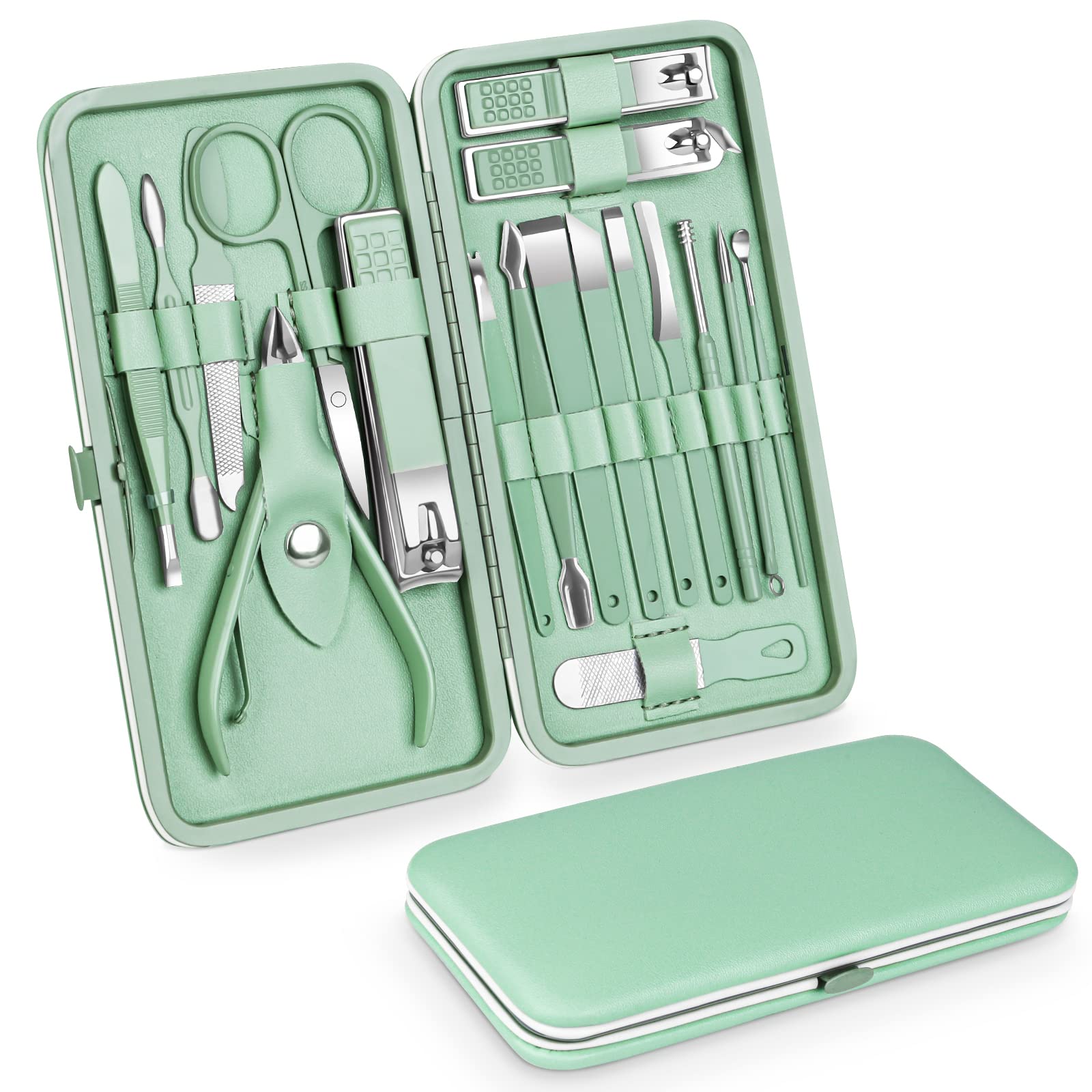 Teamkio 18-piece manicure set case open for on-the-go grooming.