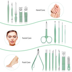 Teamkio 18-piece manicure set tools layout shows varied grooming tools.