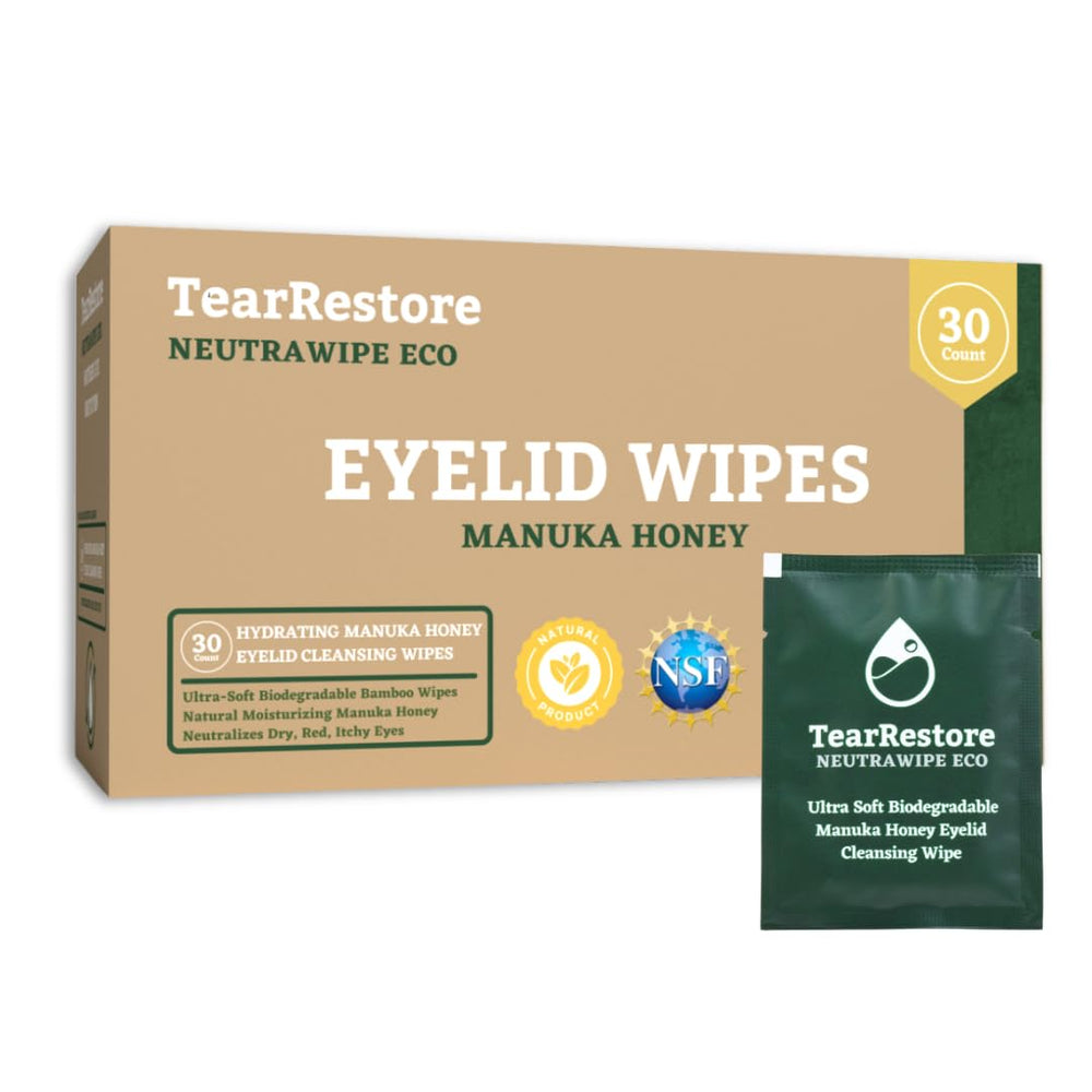 TearRestore NeutraWipe packaging shows eco-friendly design for sustainable eyelid care.