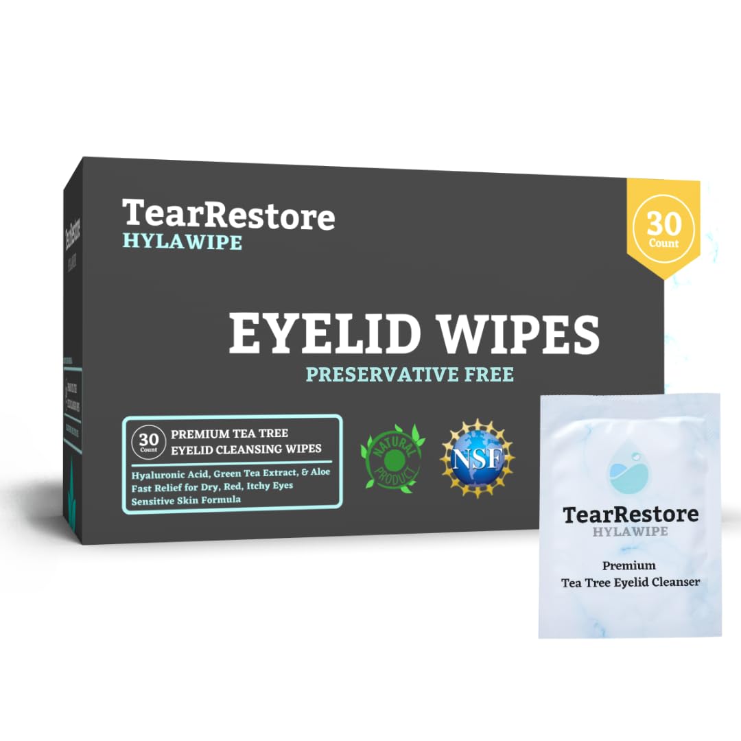 TearRestore Tea Tree HylaWipe Eyelid Wipes box promotes easy daily lid hygiene and hydration.