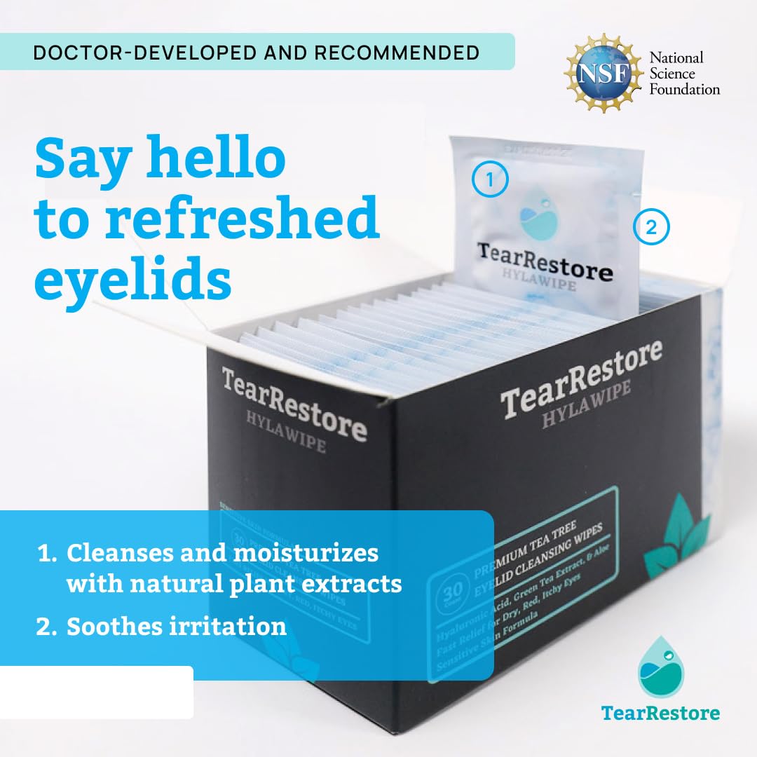 TearRestore Tea Tree HylaWipe Eyelid Wipes open-pack shows convenient access for morning routines.