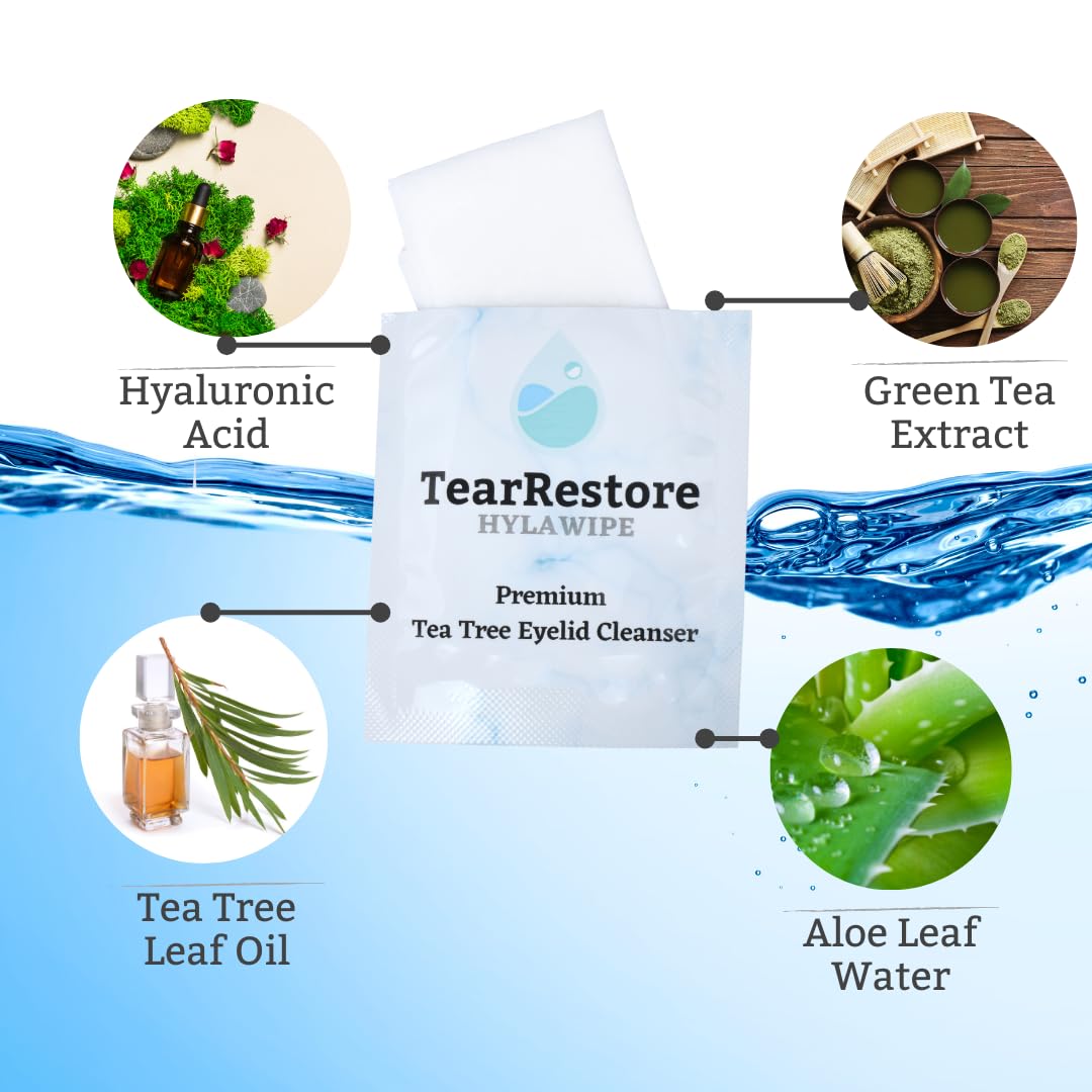 Close-up of TearRestore Tea Tree HylaWipe texture for gentle eyelid cleansing.