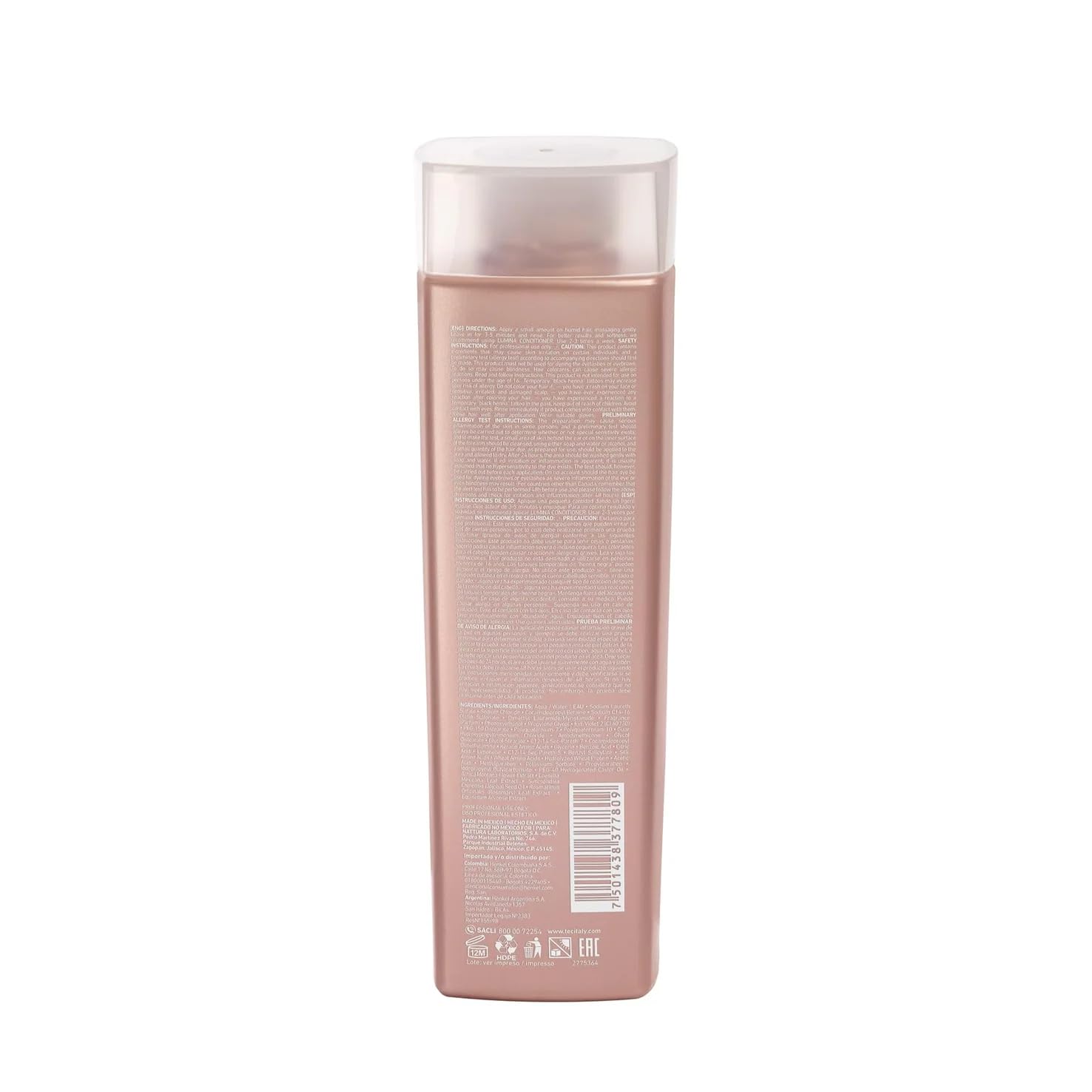 Tec Italy Lumina Purple Shampoo bottle pouring to refresh bleached and gray hair
