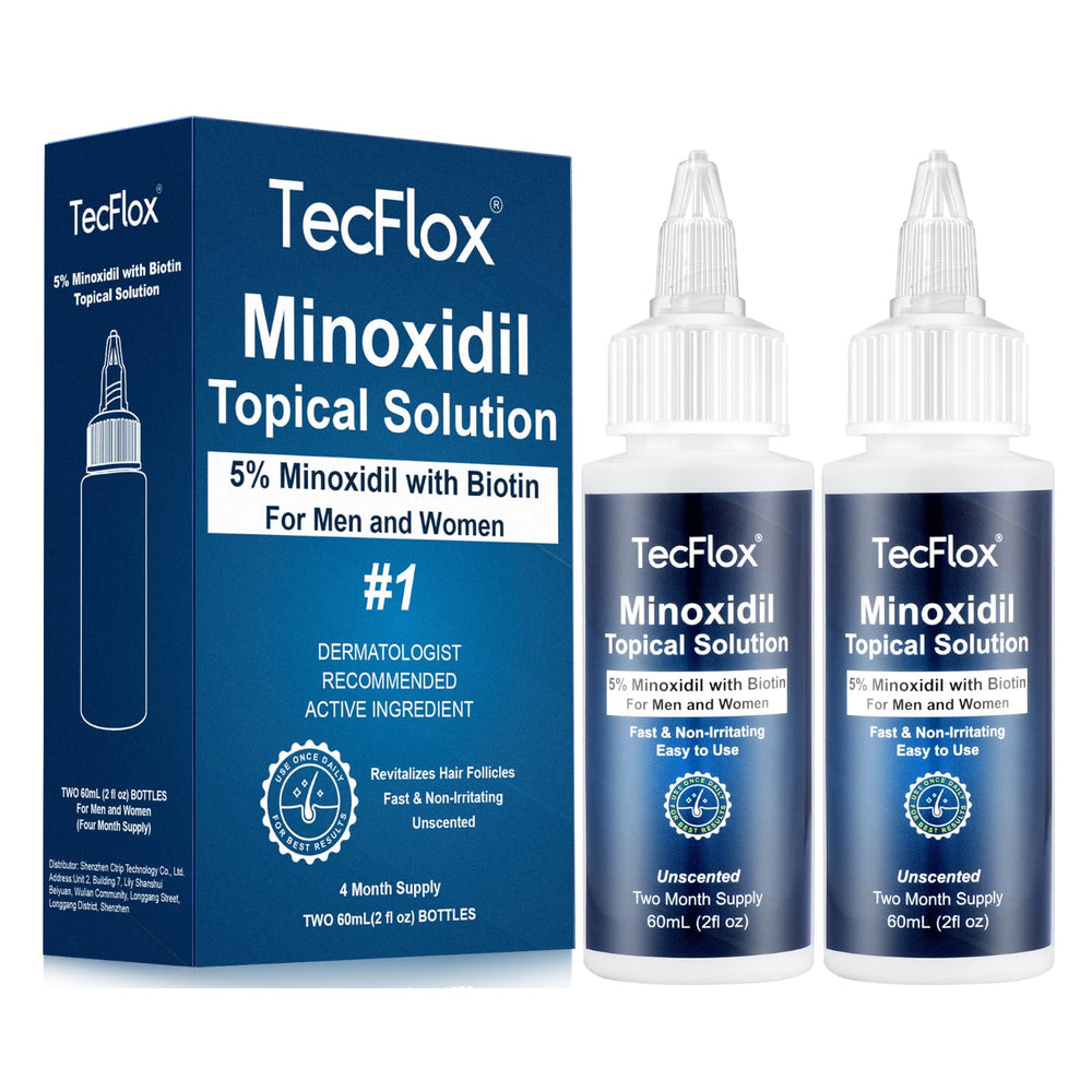 TecFlox minoxidil bottle front with 5% formula for hair support