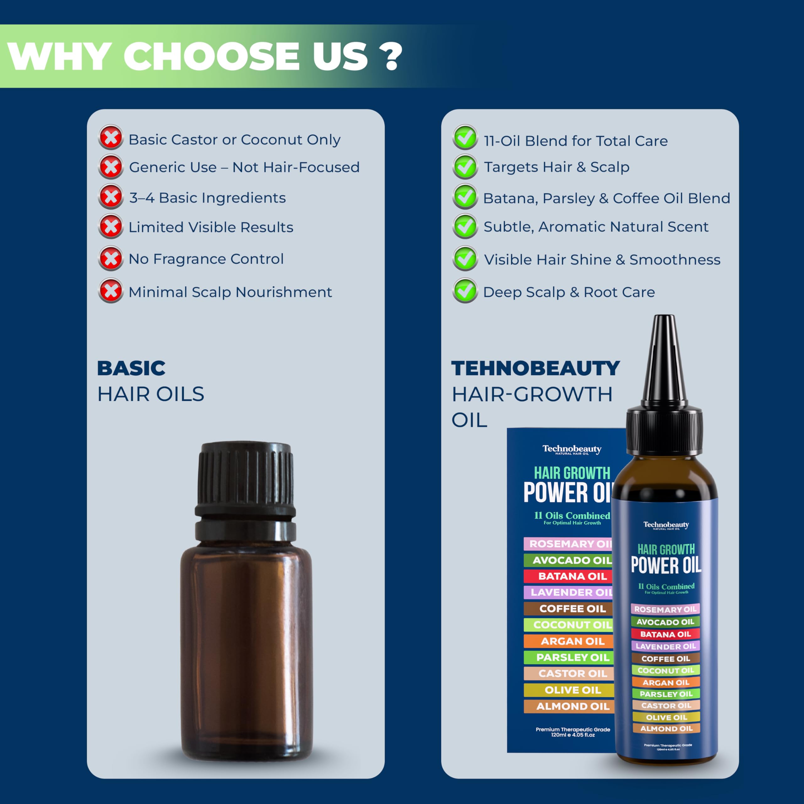 Technobeauty herbal oils ingredients label highlights rosemary and parsley seed benefits.