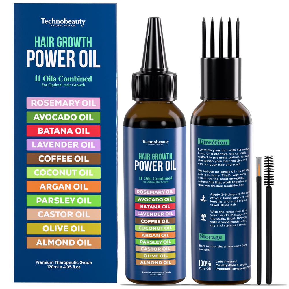 Technobeauty rosemary oil bottle shows the 11 oil blend for scalp care.