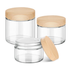 Tecohouse glass jar 4oz with woodgrain lid in a 3-pack for versatile cosmetic storage.