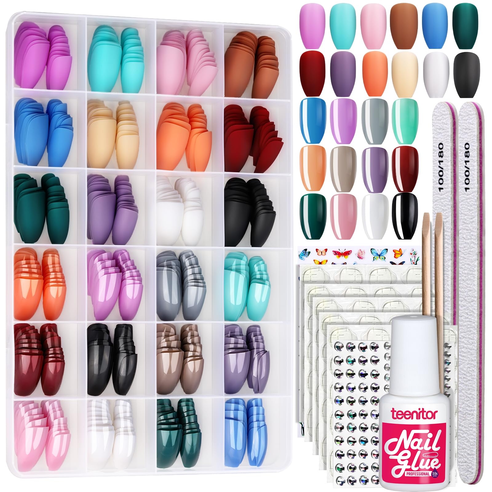 Teenitor 24-pack coffin press-on nails kit offers mixed finishes for versatile looks.