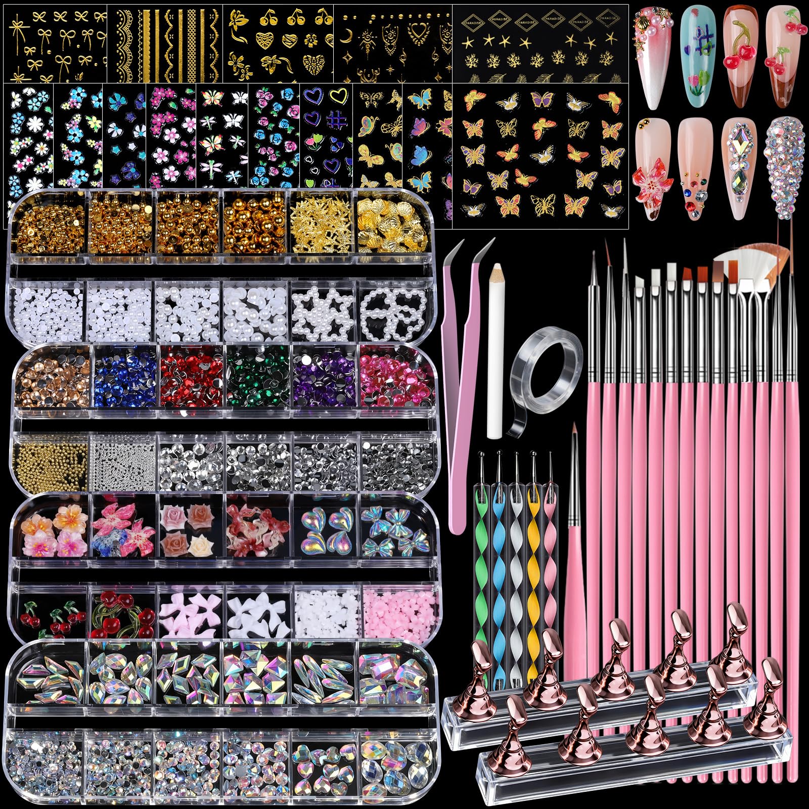 Teenitor 4 boxes nail charms set with AB rhinestones for dazzling nail designs.