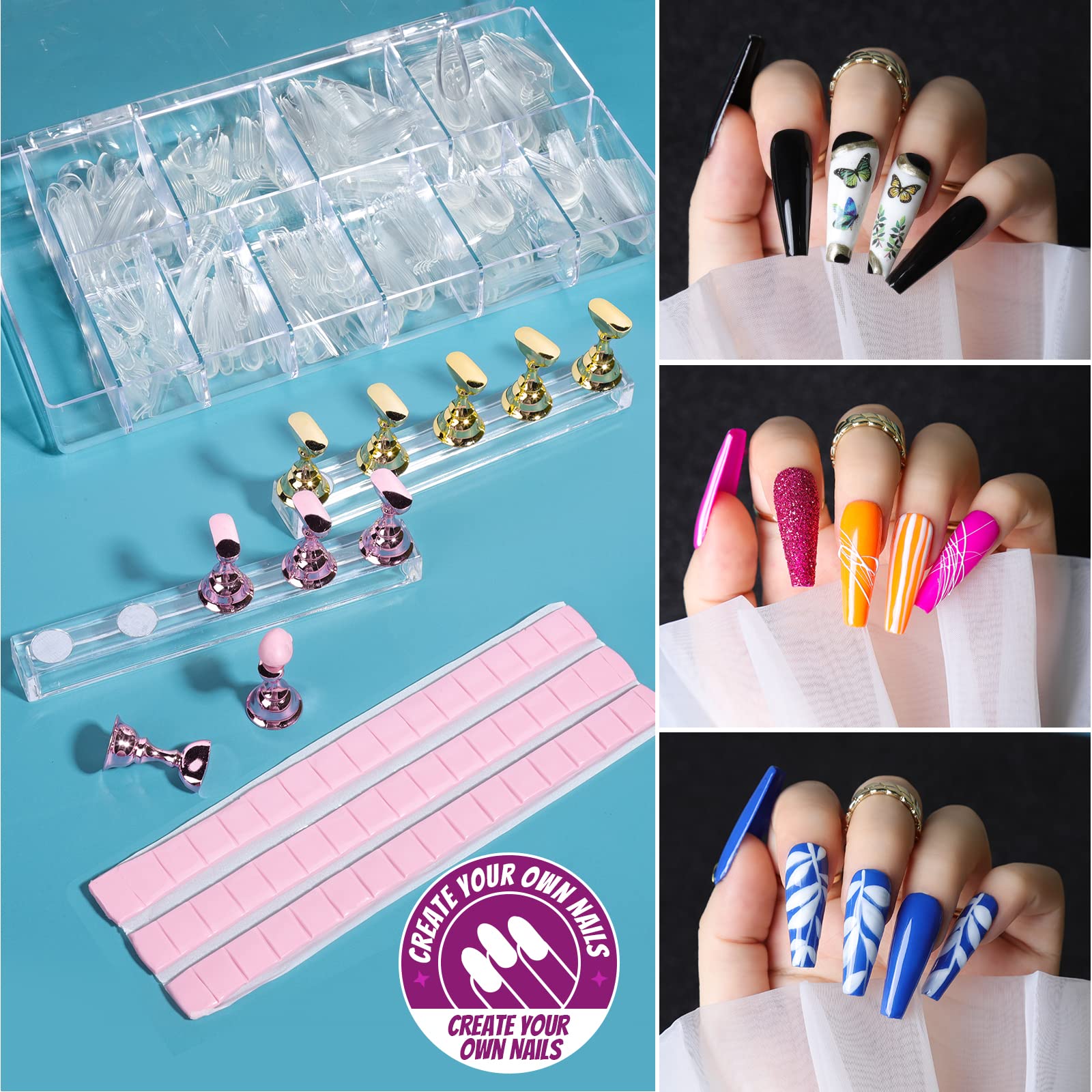 Clear coffin tips included in Teenitor Acrylic Fake Nails Kit provide versatile styling options.