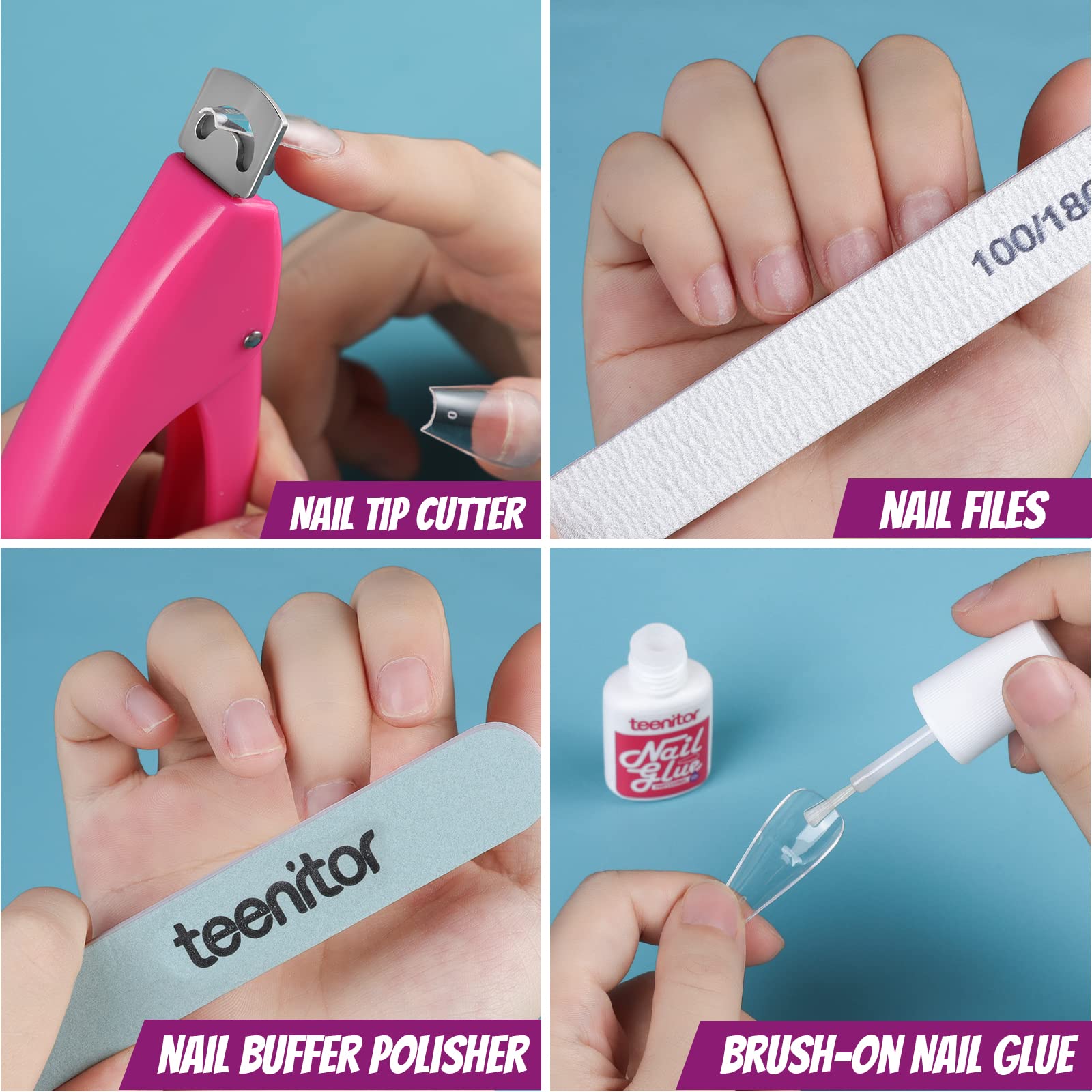 Teenitor acrylic fake nails kit features stunning nail art designs created with the included supplies.