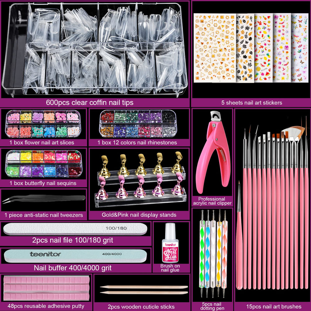 Various nail decorations included in Teenitor Acrylic Fake Nails Kit for unique nail designs.