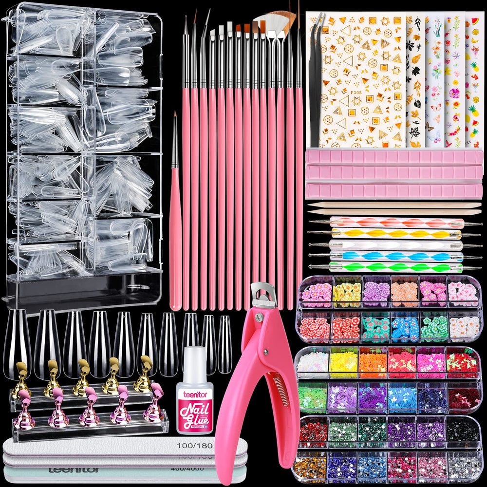 Teenitor Acrylic Fake Nails Kit overview with all tools available for a diy manicure.