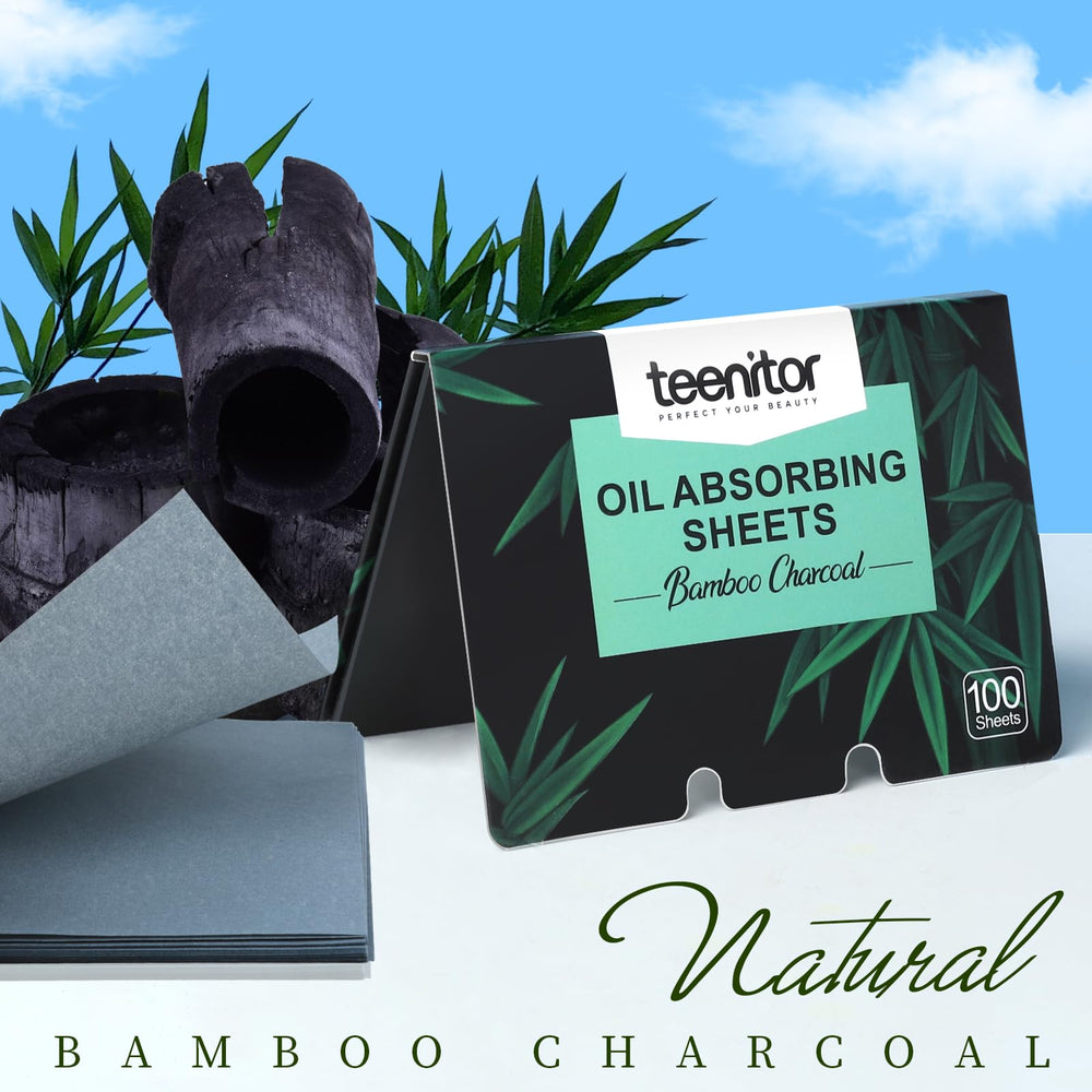 Teenitor bamboo charcoal blotting paper 12-pack box detail highlights value and travel-friendly packaging.