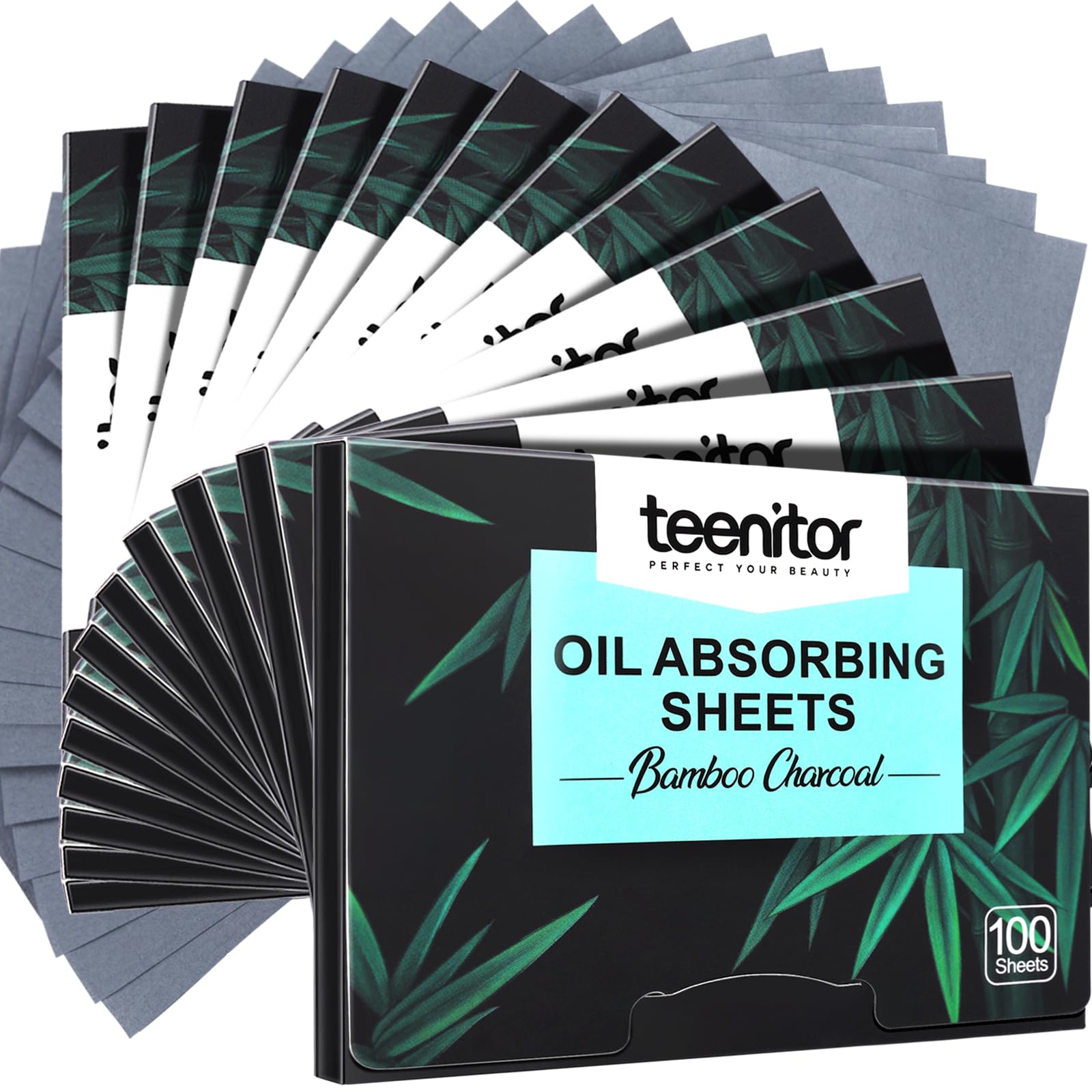 Teenitor bamboo charcoal blotting paper pack front shows 12-pack convenience for on-the-go oil control.
