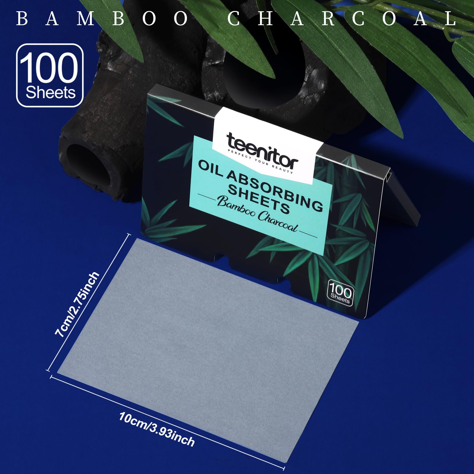 Teenitor bamboo charcoal blotting paper sheet closeup highlights absorption capability and odorless use.