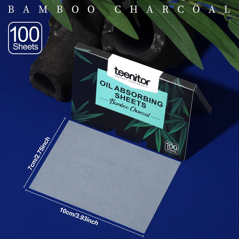 Teenitor bamboo charcoal blotting paper sheet closeup highlights absorption capability and odorless use.