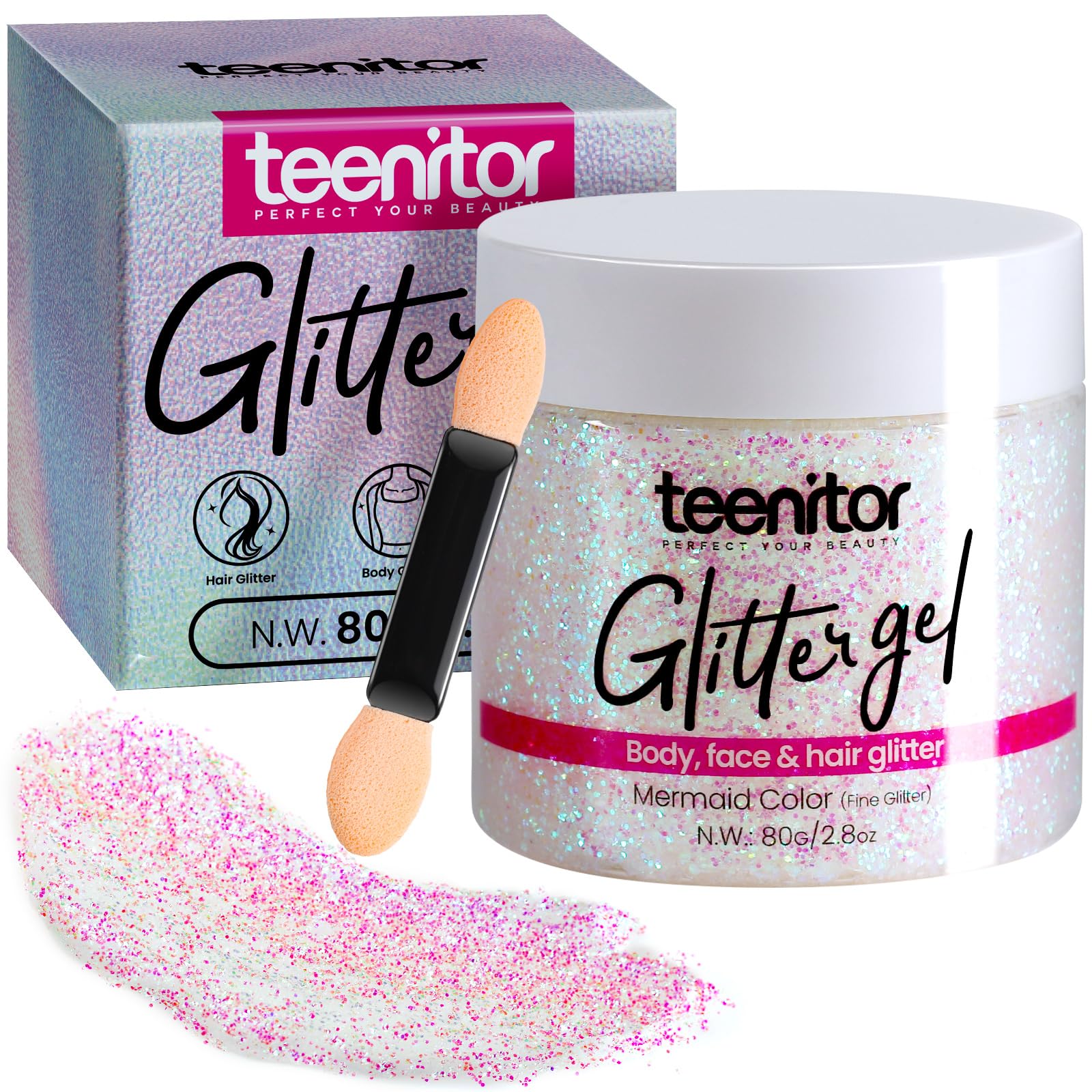 Teenitor body glitter gel bottle closeup showing holographic shine for festival-ready glow