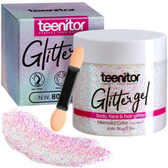 Teenitor body glitter gel bottle closeup showing holographic shine for festival-ready glow