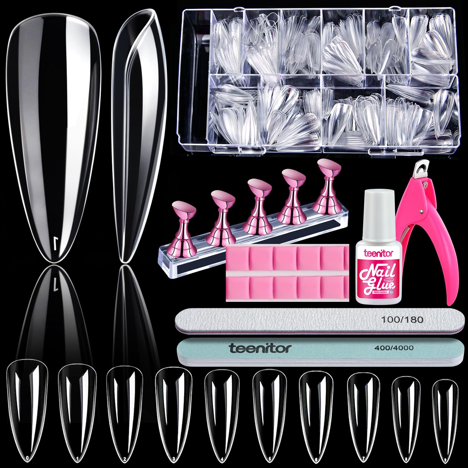 Teenitor clear nail tips full cover long stiletto for durable acrylic extensions