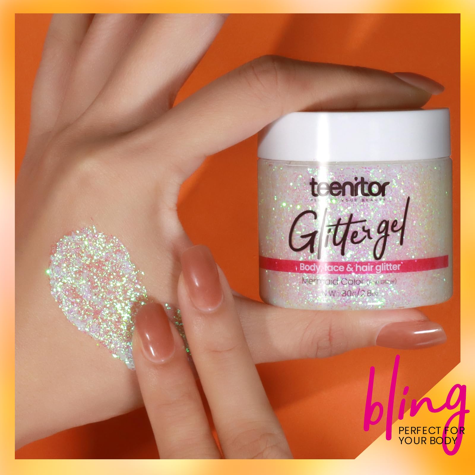 Teenitor face glitter applied on cheek for night-out sparkle