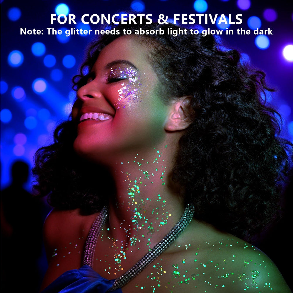 Teenitor glow-in-the-dark glitter on the face creates festival-ready sparkle under blacklight.