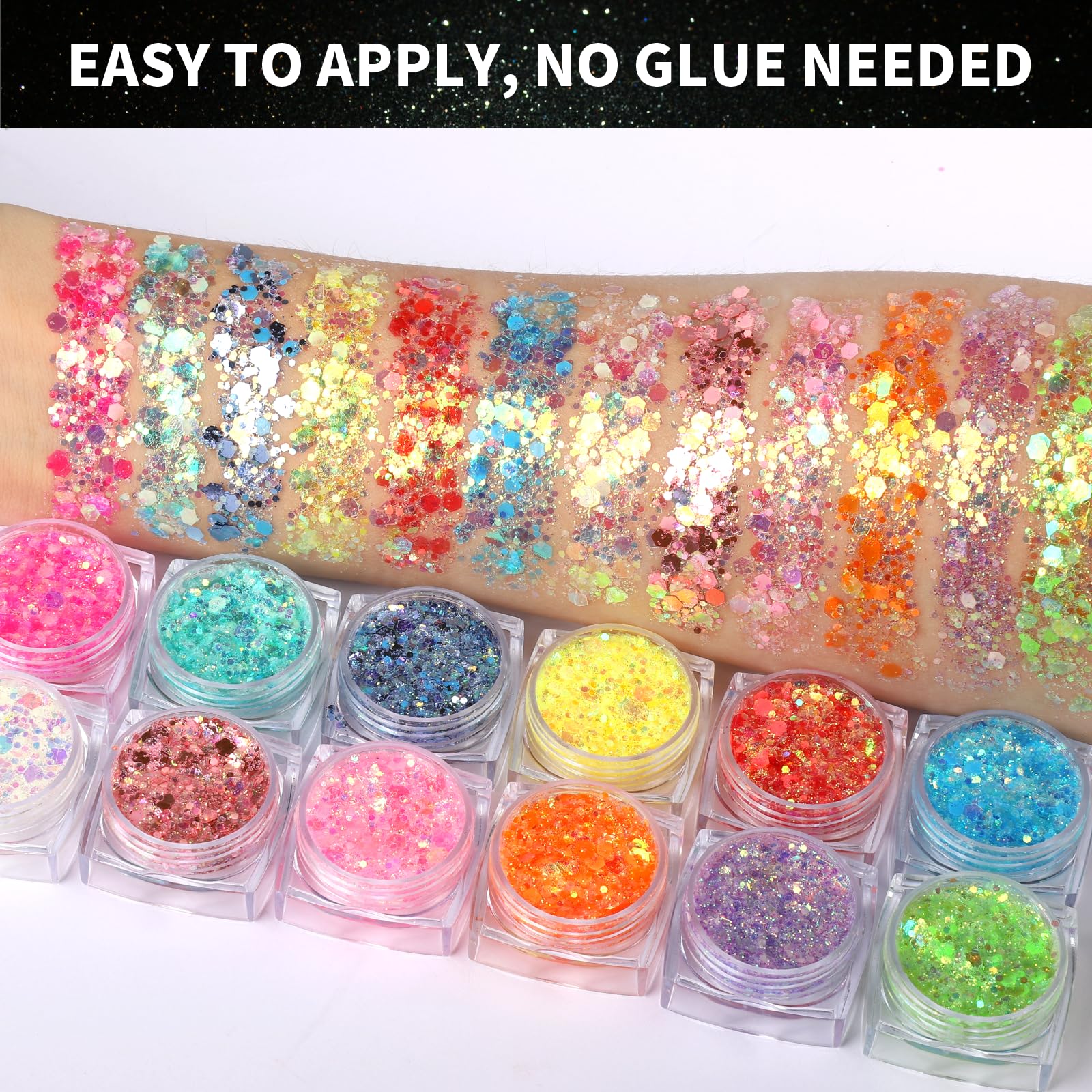 Teenitor glow-in-the-dark glitter in the hair catches UV light for standout style.