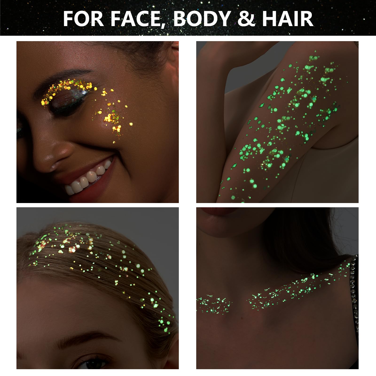 Teenitor glow-in-the-dark glitter charged under UV light for luminous night-time glow.