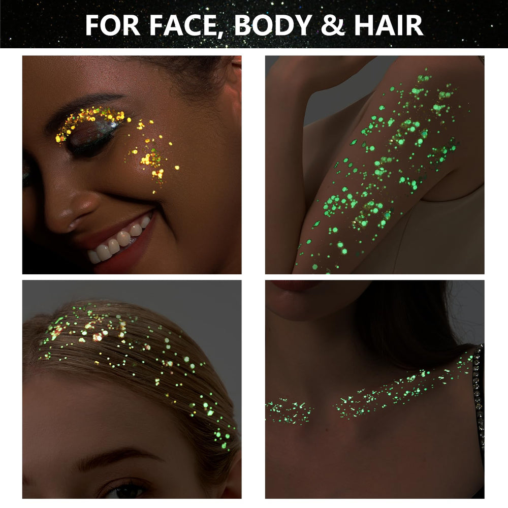 Teenitor glow-in-the-dark glitter charged under UV light for luminous night-time glow.