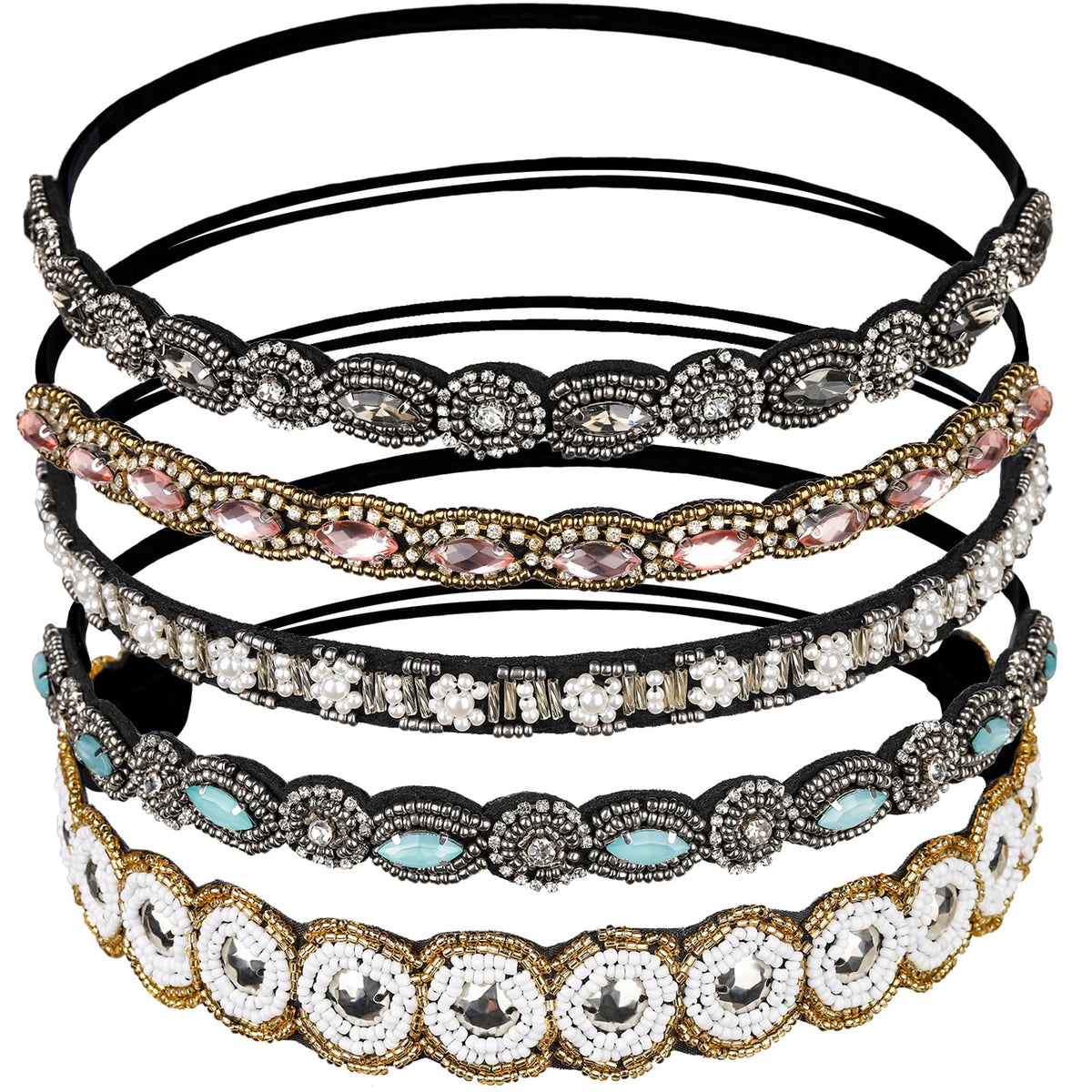 Teenitor rhinestone-beads front-view hairband adds subtle glamour to daily outfits.
