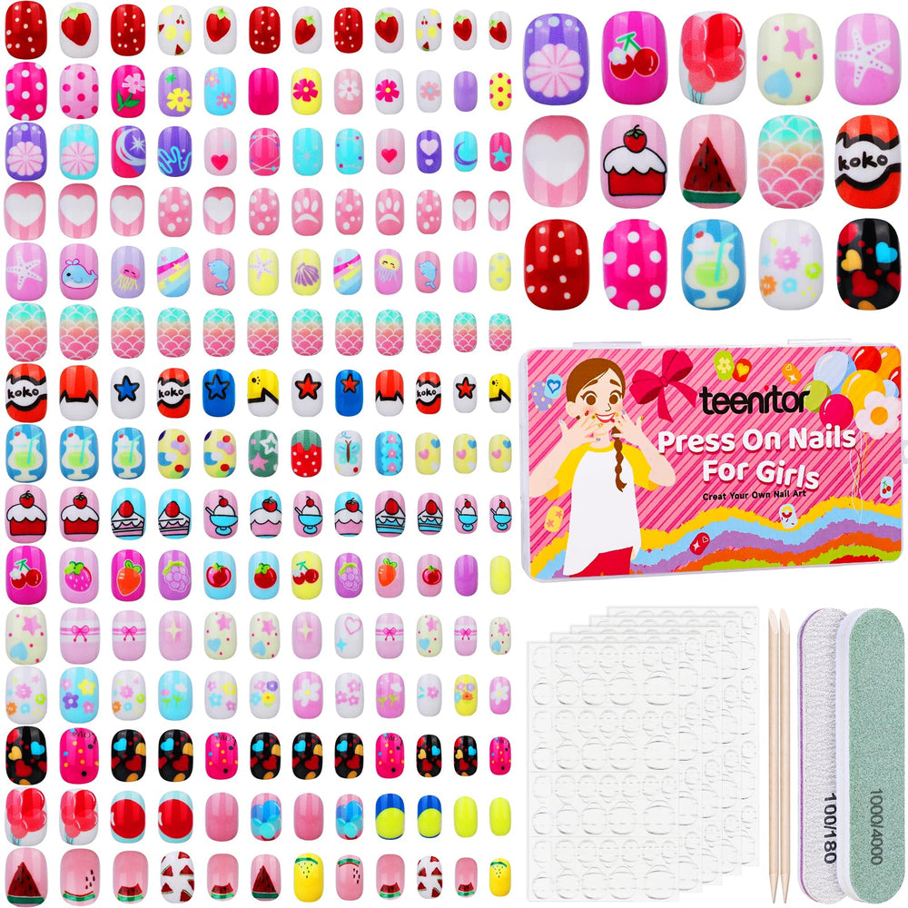 Teenitor kids press on nails packaging showing complete kit for at-home manicure