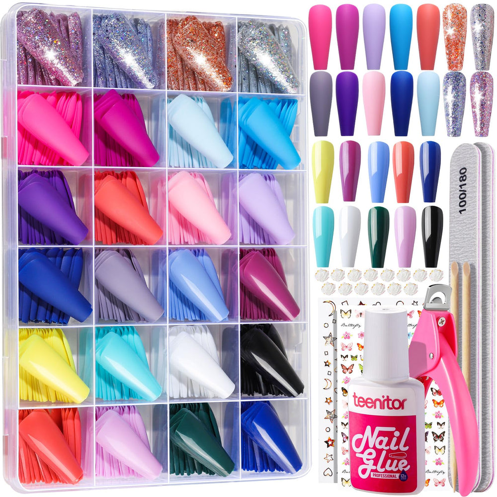 Teenitor long fake nails kit box showing 576 pieces for versatile nail styles