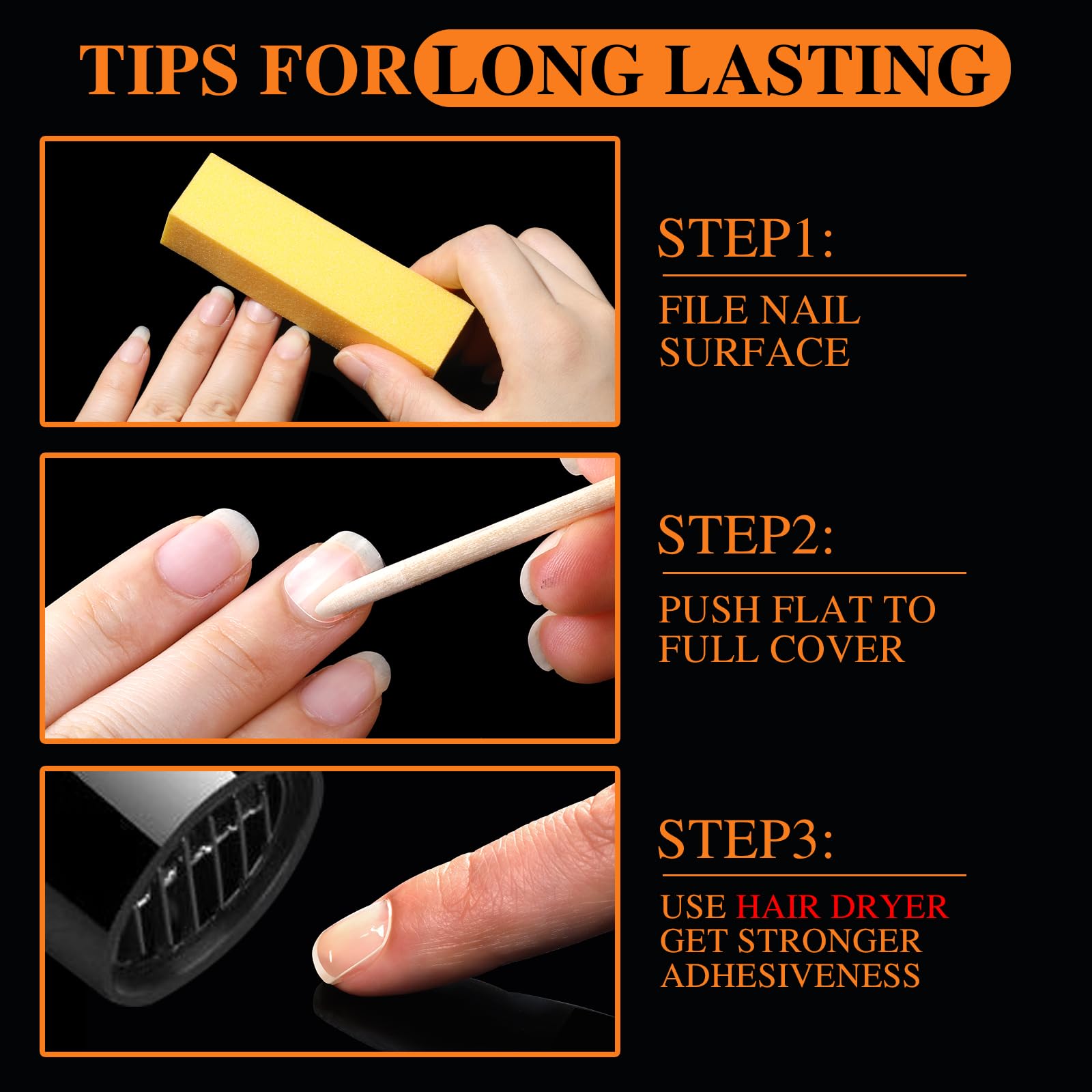 Teenitor nail adhesive tabs closeup shows compatibility with flat and curved nails.